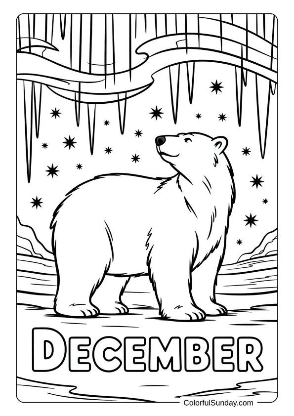 A proud polar bear standing beneath glowing auroras and icicles in a winter December coloring page.