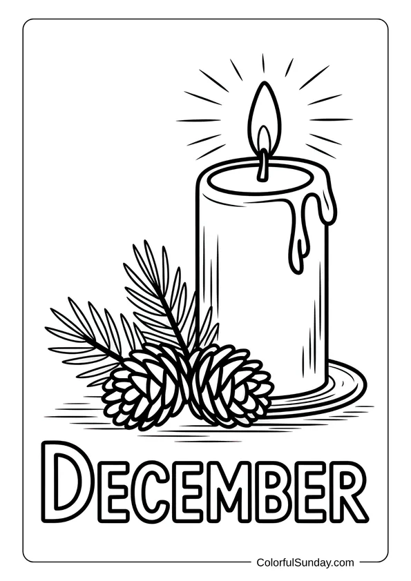 A candle with pinecones and pine branches glowing warmly in a December-themed coloring page.