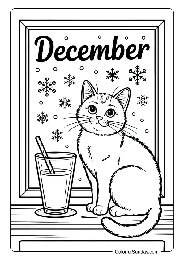 A cute cat sitting by a window with snowflakes falling outside in a cozy December coloring page.