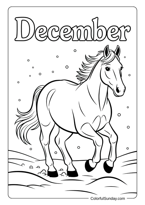 A galloping horse running through a snowy field, presented in a lively December coloring page.