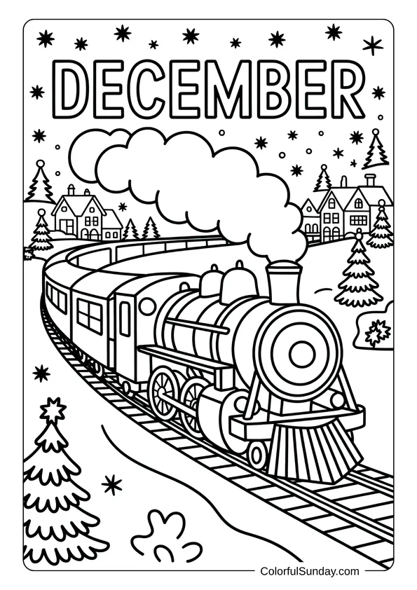 A steam train moving through a snowy village at night under stars, in a detailed December coloring page.