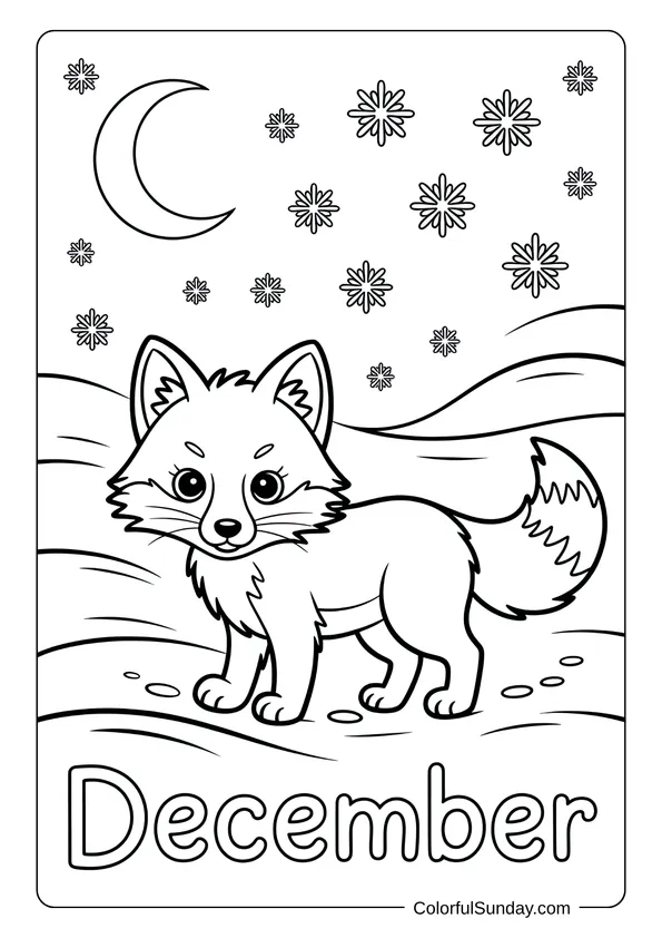 A cute fox standing in snowy hills under the moon and stars, illustrated in a December winter coloring page.