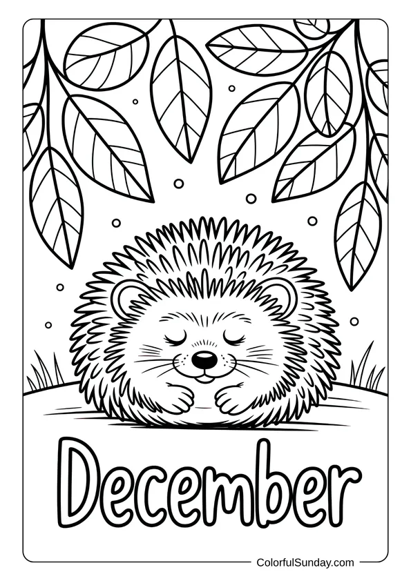 A sleepy hedgehog resting under falling leaves in a cozy December forest coloring page.