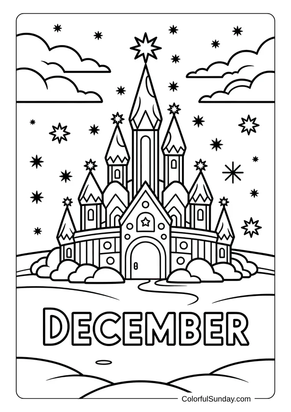 A tall ice castle with towers and stars above it, featured in a magical December coloring page.