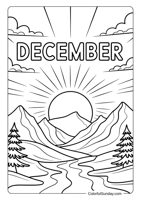 The sun rising behind snowy mountain peaks with trees in a December landscape coloring page.