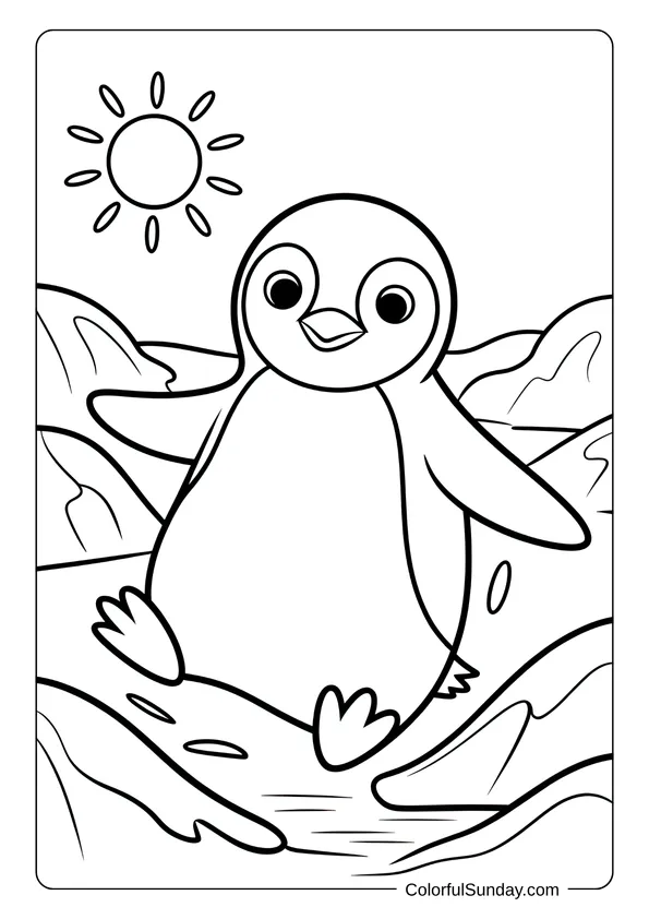 A cheerful penguin sliding on icy hills under the bright sun, featured in a December coloring page.