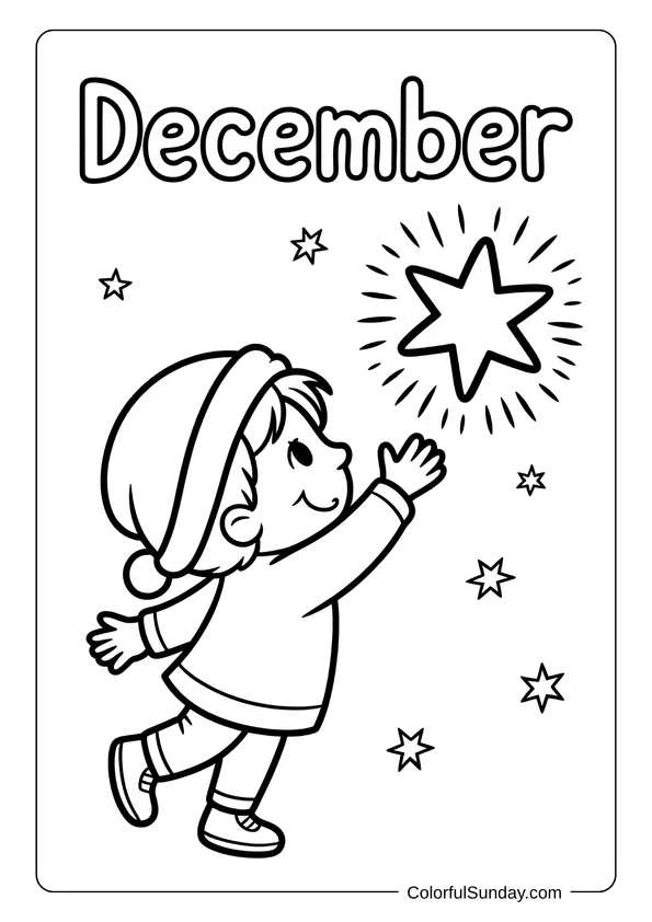 A little child reaching for a glowing star in a sky full of sparkles, part of a December-themed coloring page.