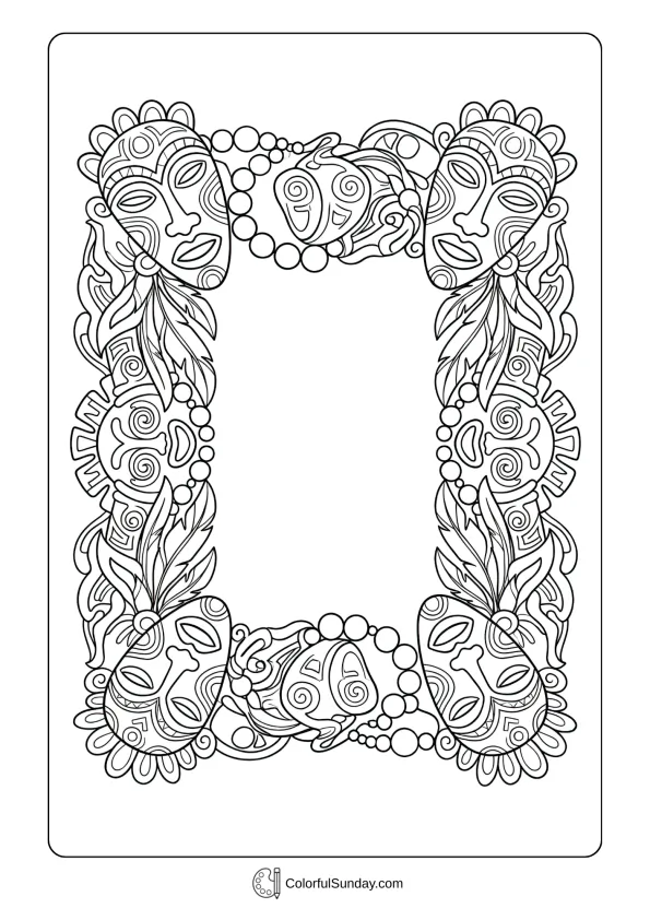 Ornate border frame filled with Mardi Gras masks, beads, and feathers coloring page.
