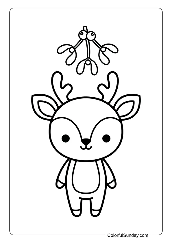 A coloring page of a deer standing under mistletoe.