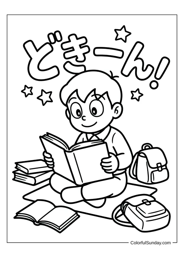 Smart Dekisugi reading a book in a Doraemon coloring page.