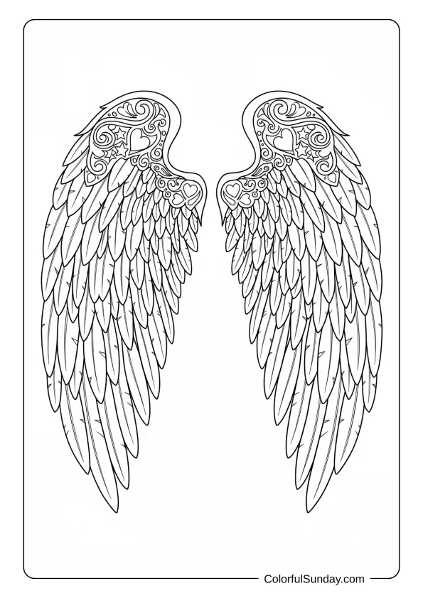 A coloring sheet of detailed angel wings spread wide with decorative feather patterns.