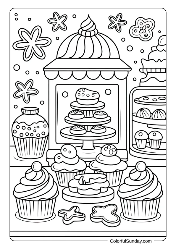 A busy bakery full of sweets surrounds trays of cookies in this gingerbread theme coloring page.