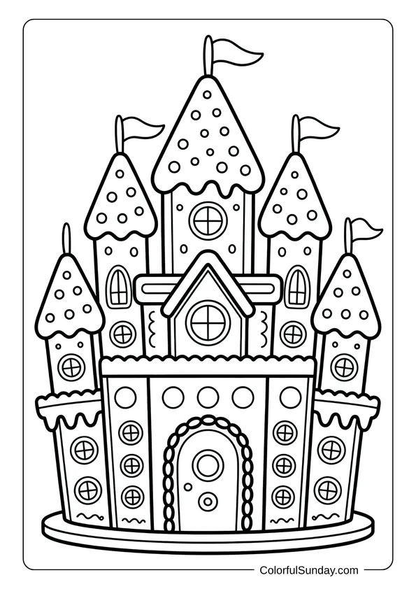 A grand gingerbread castle covered in icing and candy appears as a detailed coloring page.