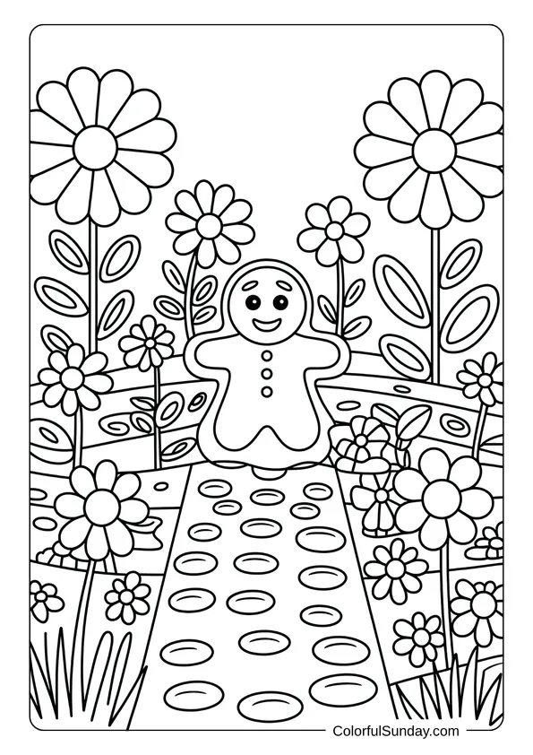 A smiling gingerbread man walks on a path surrounded by giant flowers in this garden coloring page.