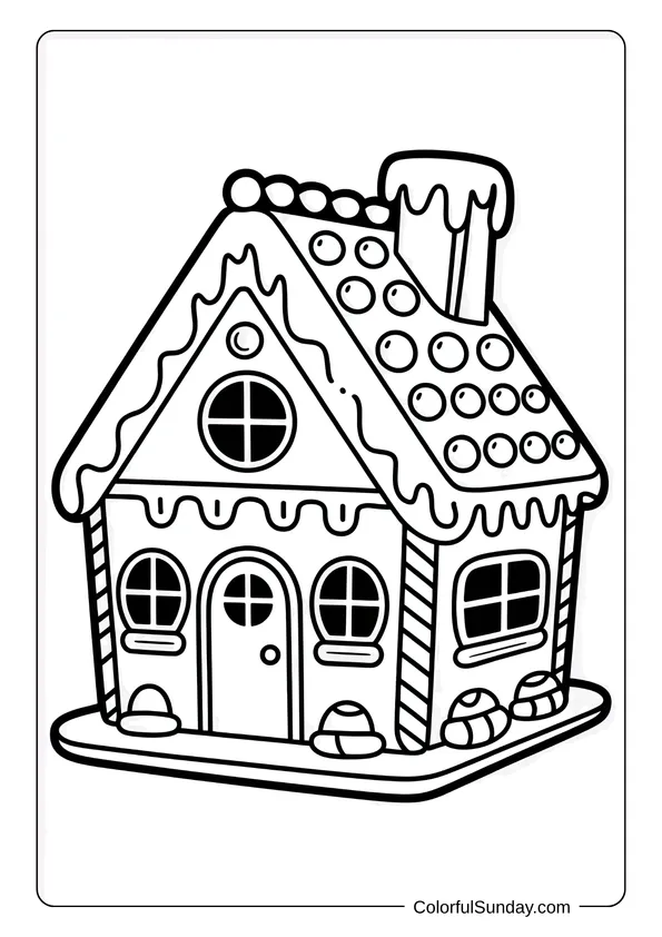 A gingerbread house with candy on the roof appears in a cute holiday coloring page.