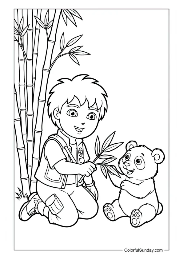 Diego feeding a baby panda by a bamboo grove in this Dora the Explorer coloring page.