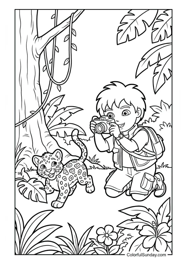 Diego taking a photo of a baby jaguar in the rainforest in this Dora the Explorer coloring page.