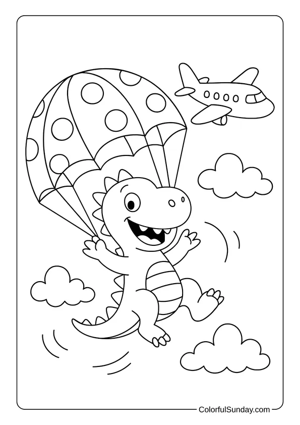 A cheerful dinosaur parachutes through the clouds near an airplane in this adorable coloring page.