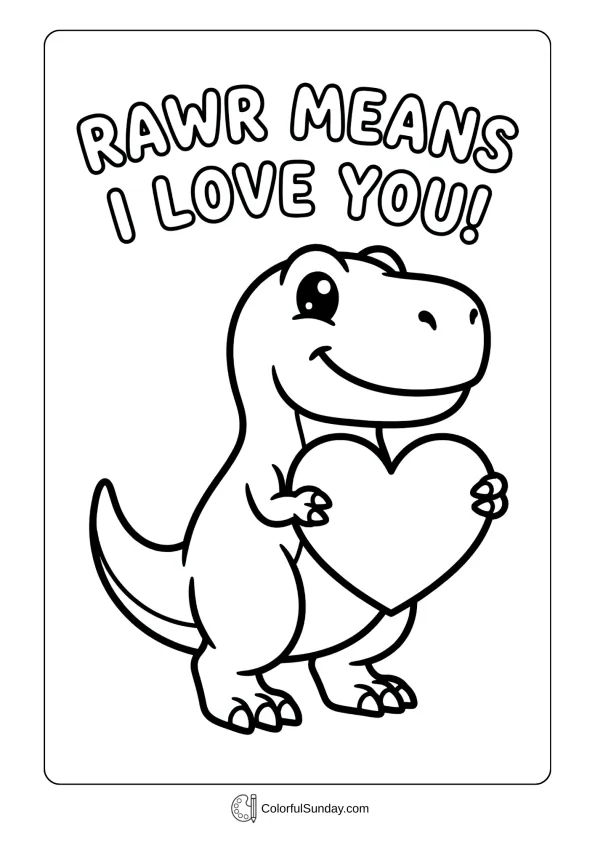 A cartoon T-Rex holds a heart and the words 'Rawr means I love you' in a Valentine's Day coloring page.