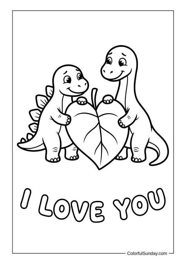 Cute dinosaurs sharing a heart-shaped leaf and saying I love you in a prehistoric coloring page.