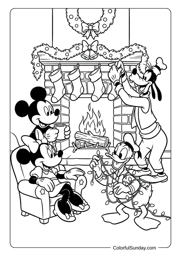 Mickey and friends relax by the fireplace with stockings during Disney Christmas in a warm coloring sheet