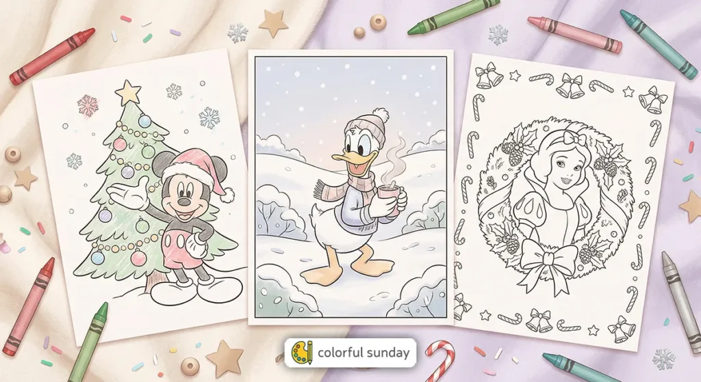 three coloring pages related to Disney Christmas
