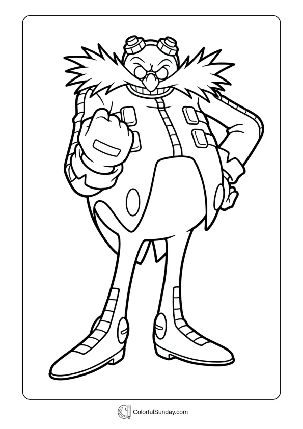 A coloring page of Doctor Eggman from Sonic pointing forward with a determined expression coloring page