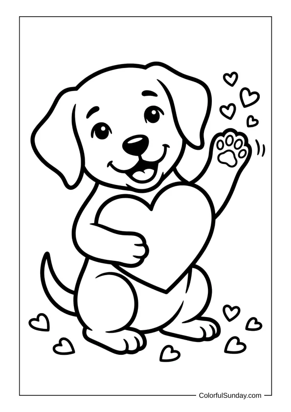 Cute dog hugging heart in a coloring page