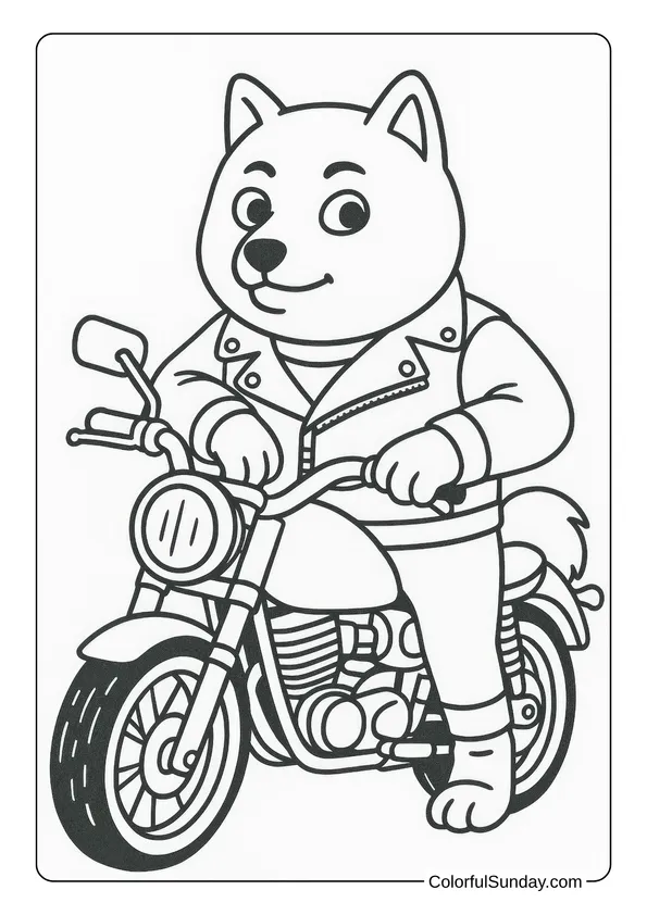 The Shiba Inu Doge in a leather jacket rides a motorcycle confidently in this bold coloring page.