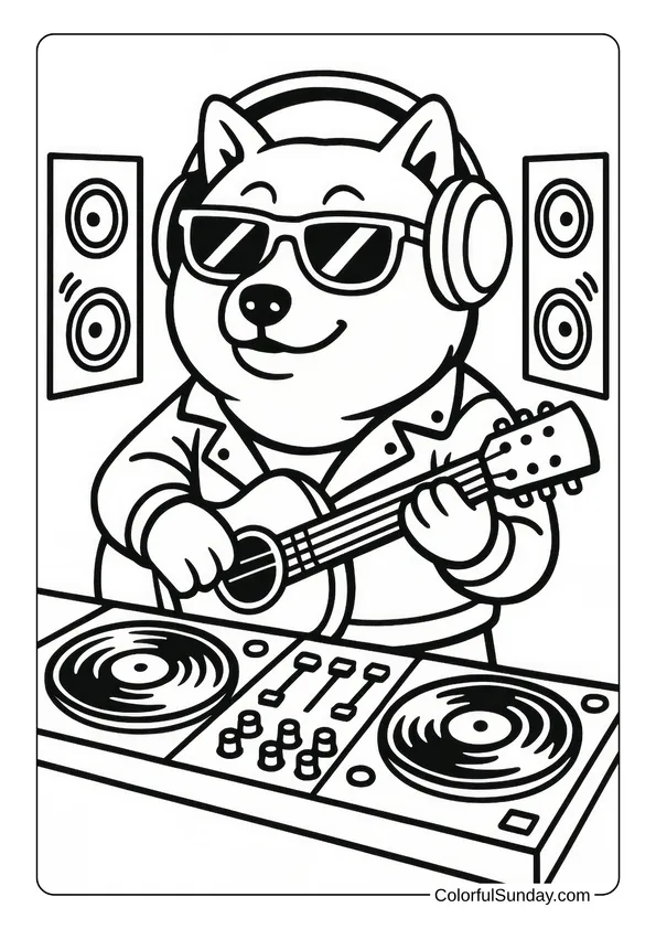 Doge wears sunglasses and headphones, playing guitar at a DJ booth with turntables in this music-themed coloring page.