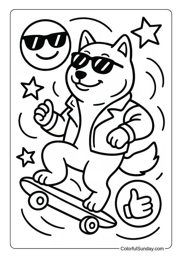 Doge skateboarding with a jacket among stars, emojis, and playful symbols in a lively coloring page.