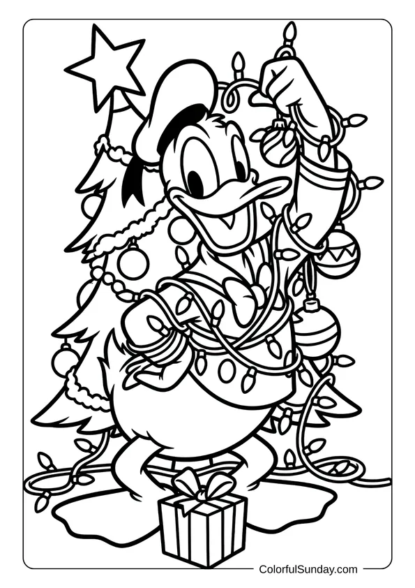 A coloring page showing Donald Duck tangled in festive lights and decorations during Disney Christmas tree setup.