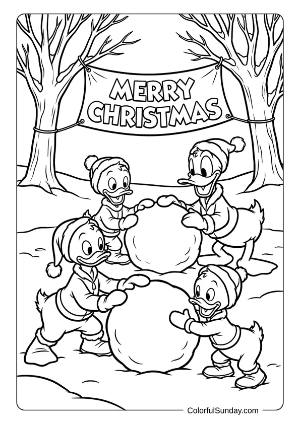 Donald Duck and his nephews build a big snowman under a Merry Christmas sign during Disney Christmas in a coloring page