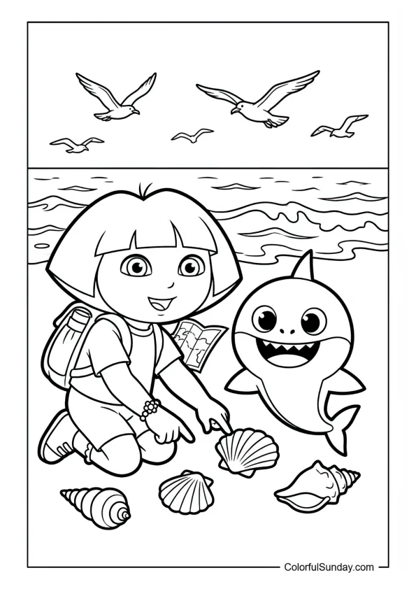 Dora counting seashells with Baby Shark on the beach in this Dora the Explorer coloring page.