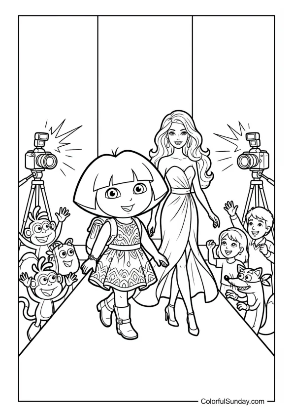 Dora and Barbie walking down a fashion runway in stylish outfits in this Dora the Explorer coloring page.