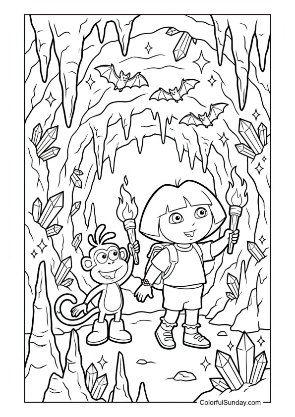 Dora and Boots exploring a cave lit by torches with bats flying in this Dora the Explorer coloring page.