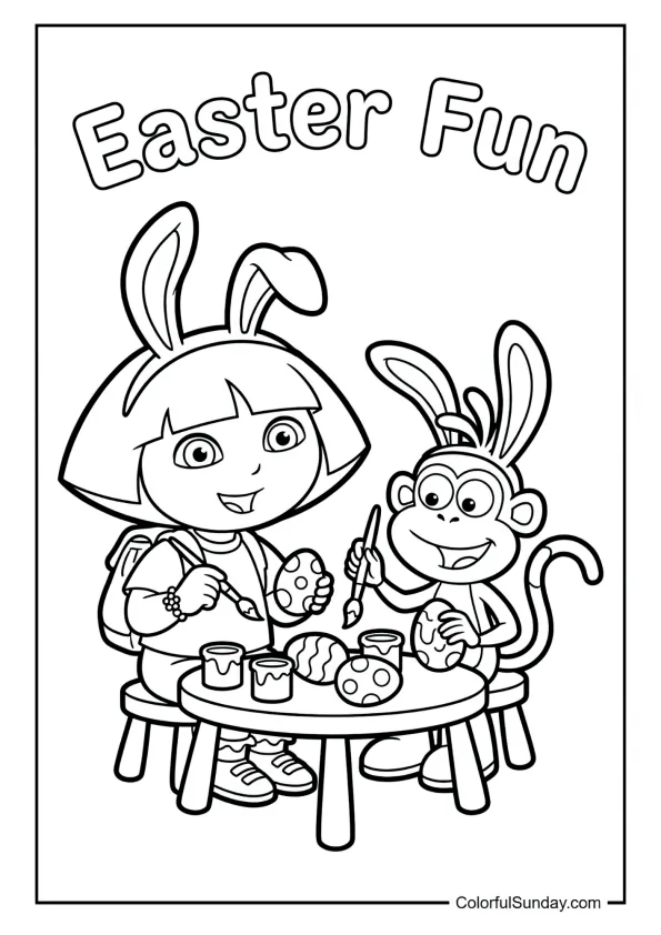 Dora and Boots painting Easter eggs in bunny costumes at a table in this Dora the Explorer coloring page.