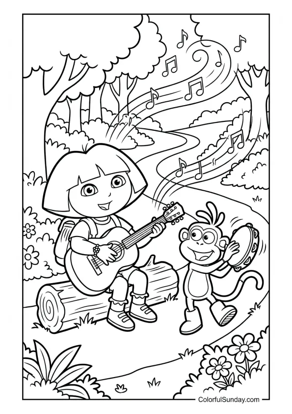 Dora playing a guitar and Boots with a tambourine on a forest path in this Dora the Explorer coloring page.