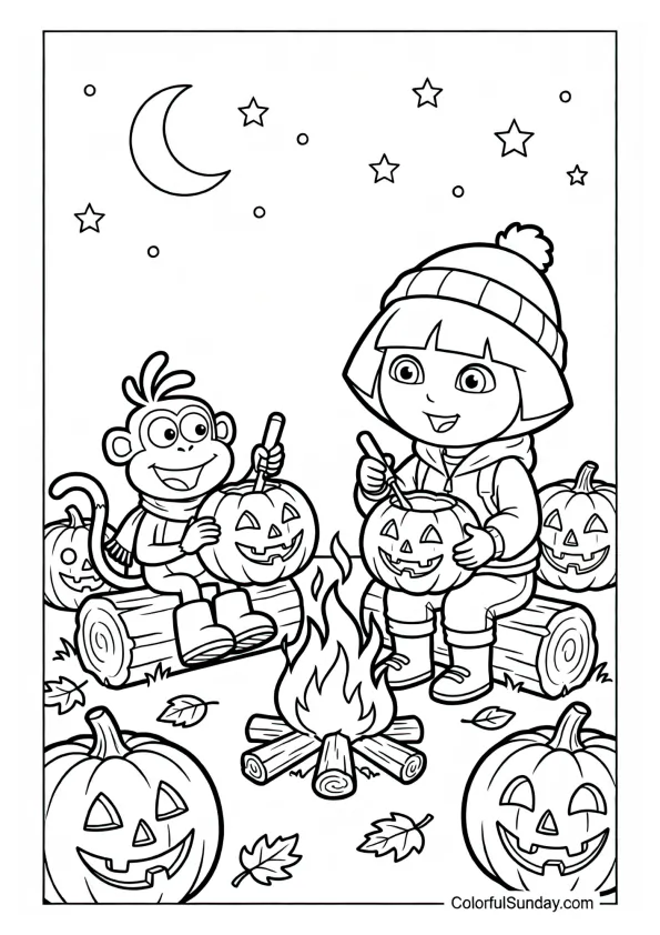 Dora and Boots carving pumpkins by a bonfire on an autumn night in this Dora the Explorer coloring page.