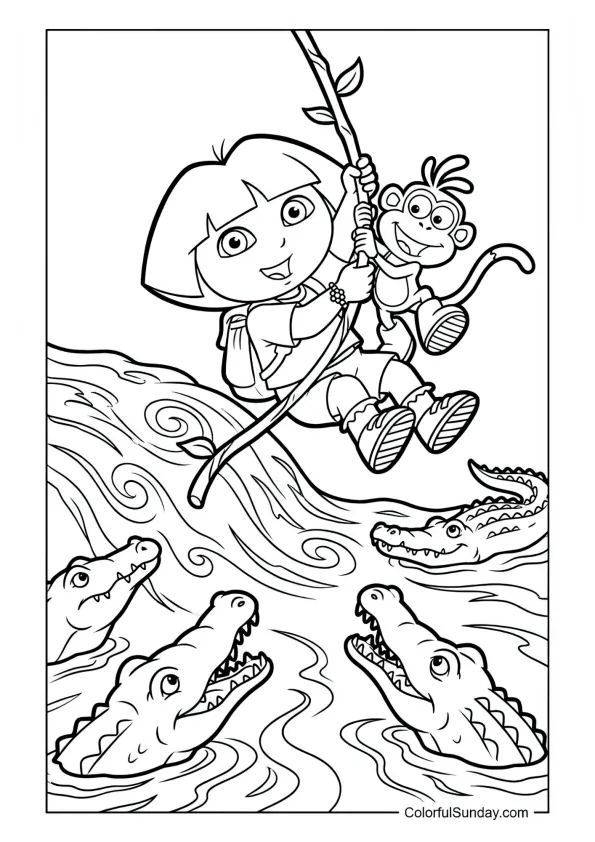 Dora and Boots swinging over a river with crocodiles beneath in this Dora the Explorer coloring page.