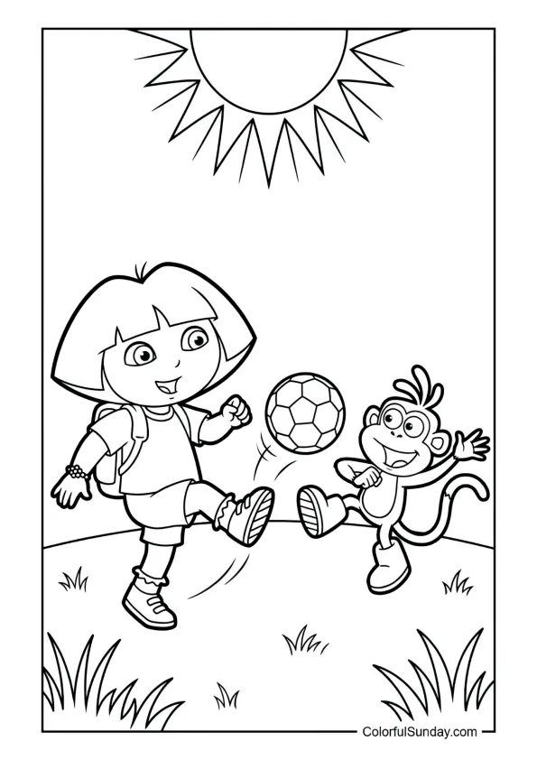 Dora and Boots playing soccer together in a meadow in this Dora the Explorer coloring page.