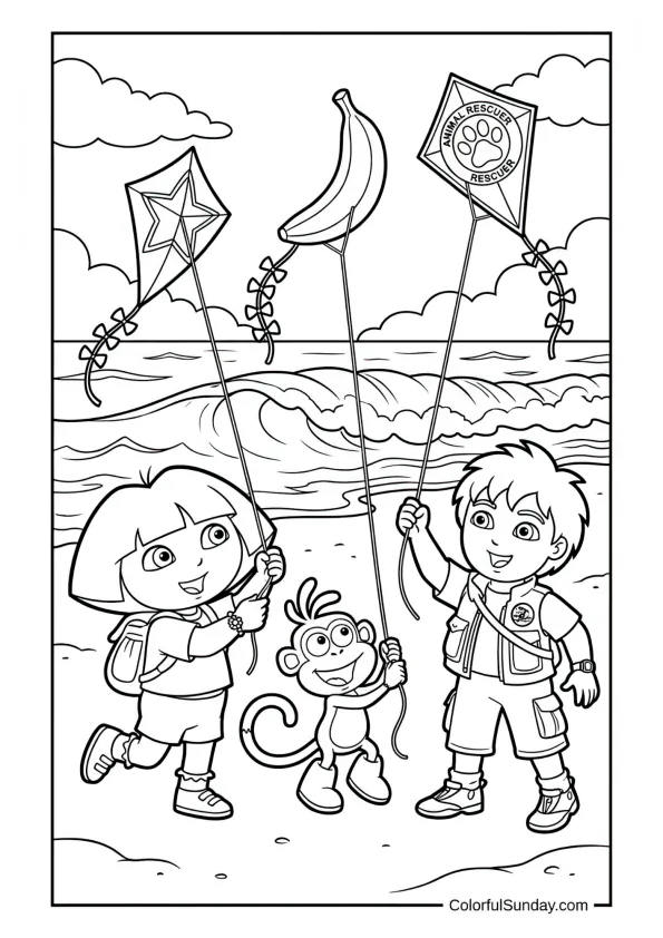 Dora, Boots and Diego flying kites on a beach with waves behind in this Dora the Explorer coloring page.