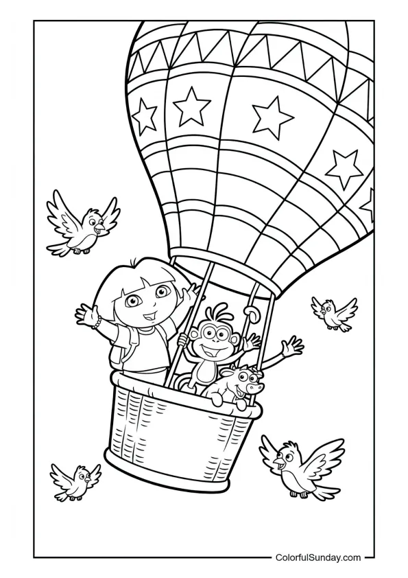 Dora, Boots and Tico in a hot air balloon waving at the landscape in this Dora the Explorer coloring page.