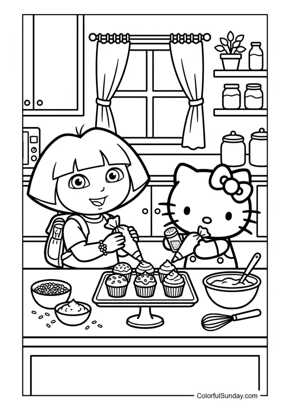 Dora and Hello Kitty baking and decorating cupcakes together in this Dora the Explorer coloring page.