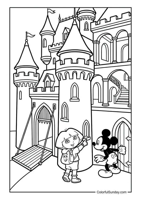 Dora and Mickey Mouse touring a castle with towers and secret rooms in this Dora the Explorer coloring page.