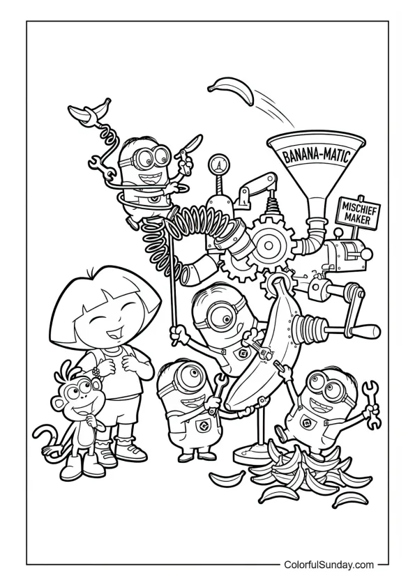 Dora working with Minions on a silly invention full of bananas and gears in this Dora the Explorer coloring page.