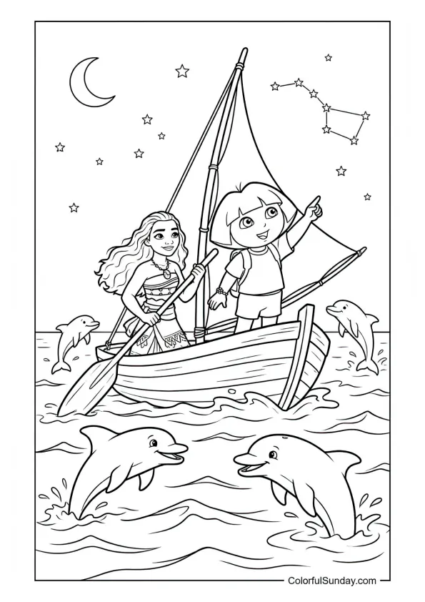 Dora and Moana sailing in a canoe accompanied by dolphins and stars in this Dora the Explorer coloring page.