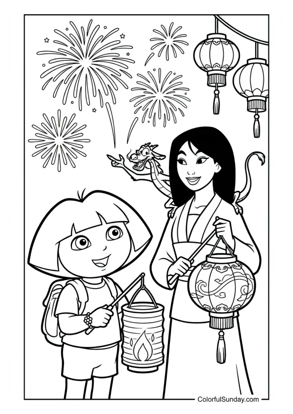 Dora, Mulan and Mushu celebrating Lunar New Year with lanterns and fireworks in this Dora the Explorer coloring page.