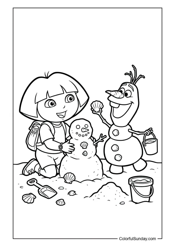 Dora building a sand snowman with Olaf on a sunny beach in this Dora the Explorer coloring page.