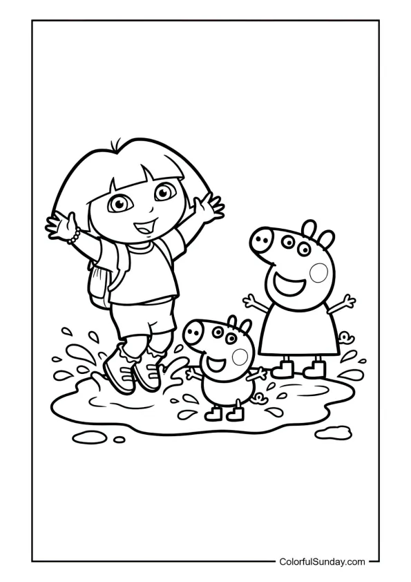Dora, Peppa Pig and George splashing in muddy puddles with rain boots in this Dora the Explorer coloring page.